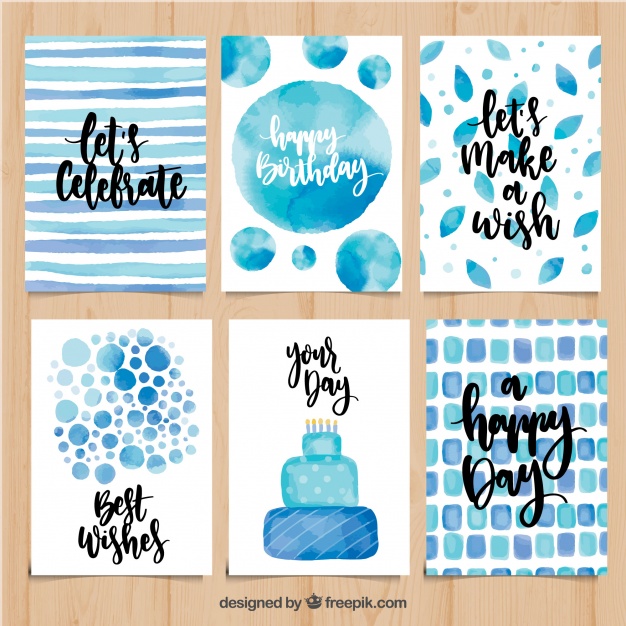 626x626 Set Of Watercolor Birthday Cards In Blue Tones Vector Free Download - Watercolor Birthday Card