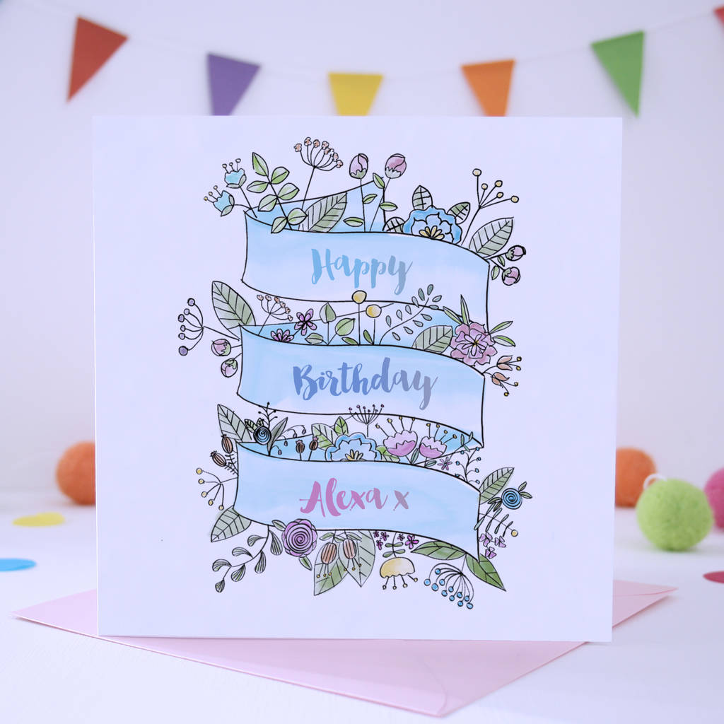 1024x1024 Watercolour Personalised Floral Banner Birthday Card By Apple Of - Watercolor Birthday Card