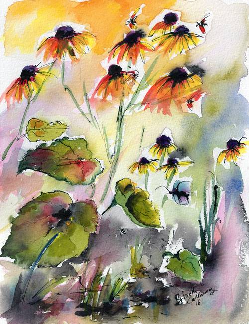 500x650 Flowers Black Eyed Susans Watercolor And Ink By Ginette Callaway - Watercolor Black Eyed Susan