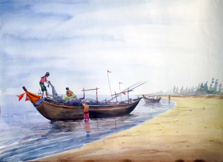 770x560 Fisher Men Amp Fishing Boat Watercolor On Paper Painting Painting By - Watercolor Boat