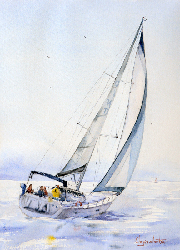 576x800 Sail Boat Sea Painting In Watercolor By Val Mavroudis - Watercolor Boat