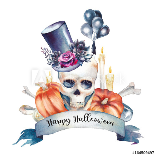 500x500 Happy Halloween. Watercolor Holiday Card Design With Human Skull - Watercolor Bones