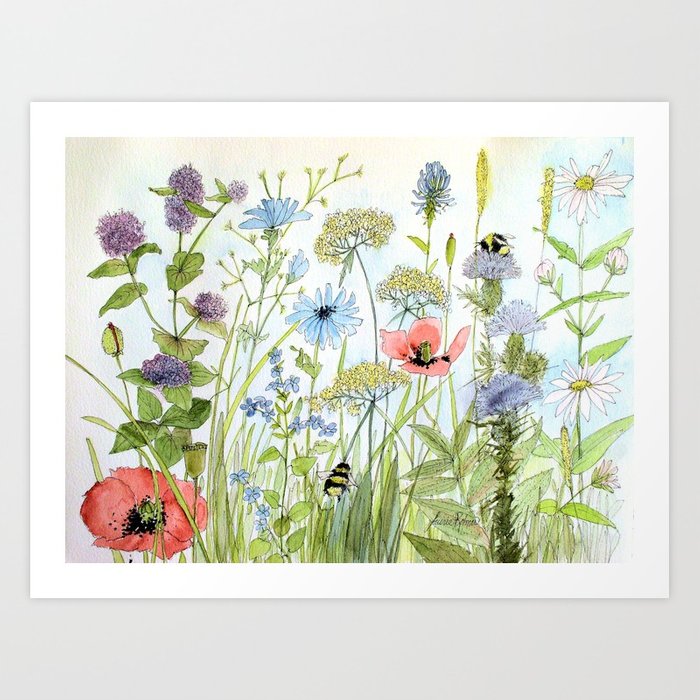 700x700 Floral Watercolor Botanical Cottage Garden Flowers Bees Nature Art - Watercolor Botanical Prints