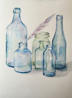 236x321 Glass Bottles In Sun Art Watercolor Painting Print By Cathy - Watercolor Bottle