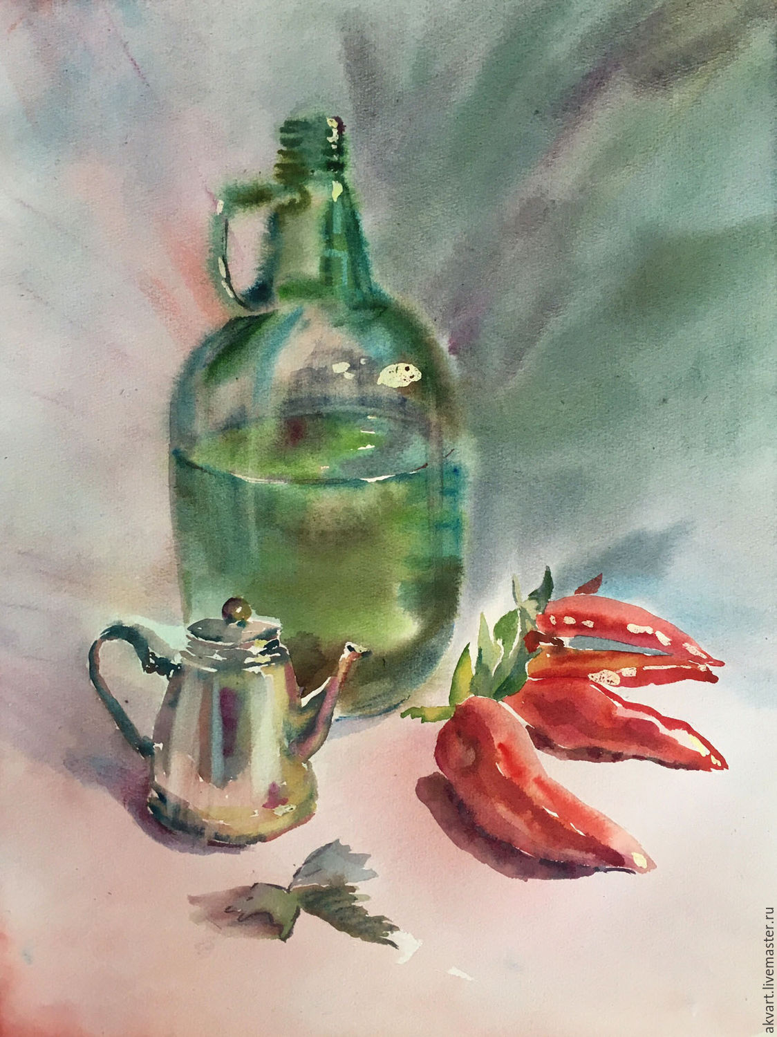 1124x1500 Painting Watercolor. Still Life. Bottle, Teapot And Peppers Shop - Watercolor Bottle