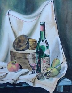 233x300 Watercolor Painting Moulin French Wine Bottle 1959 Vintage Still - Watercolor Bottle