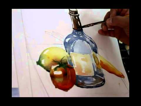 480x360 Water Color Tutorial Still Life ( Glass Bottle , Lemon , Tomato - Watercolor Bottle