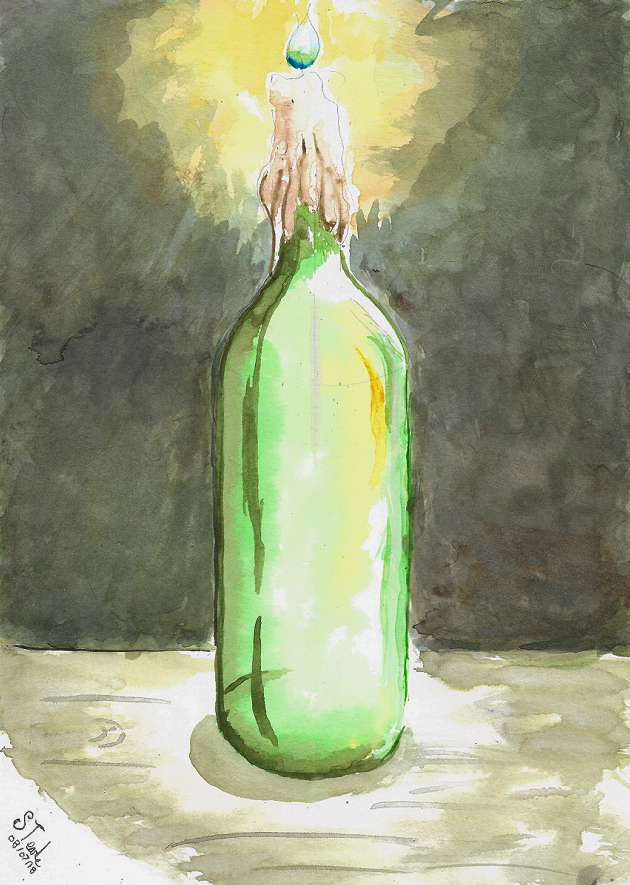 630x885 Watercolor Bottle With Candle By Sulaimandoodle - Watercolor Bottle