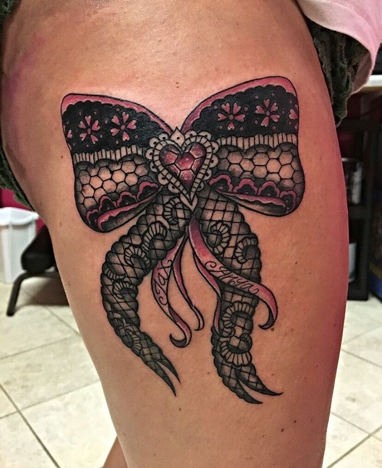 750x920 Incredible Thigh Tattoo Designs, Ideas Amp Meanings 2018 - Watercolor Bow Tattoo