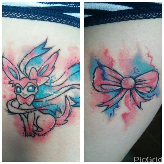 540x540 Pokemon Sylveon And Bow Watercolor Matching Thigh Tattoos - Watercolor Bow Tattoo