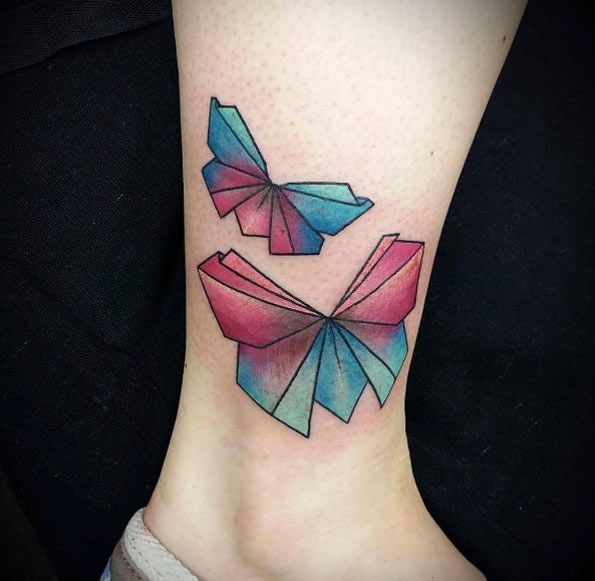 595x581 61 Beautiful Origami Inspired Tattoo Designs Origami - Watercolor Bow Tattoo