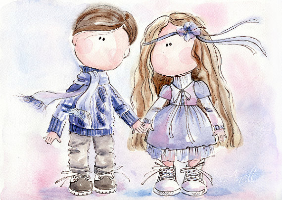 570x404 Valentine Print, Love Print, Little Girl And Little Boy - Watercolor Boy