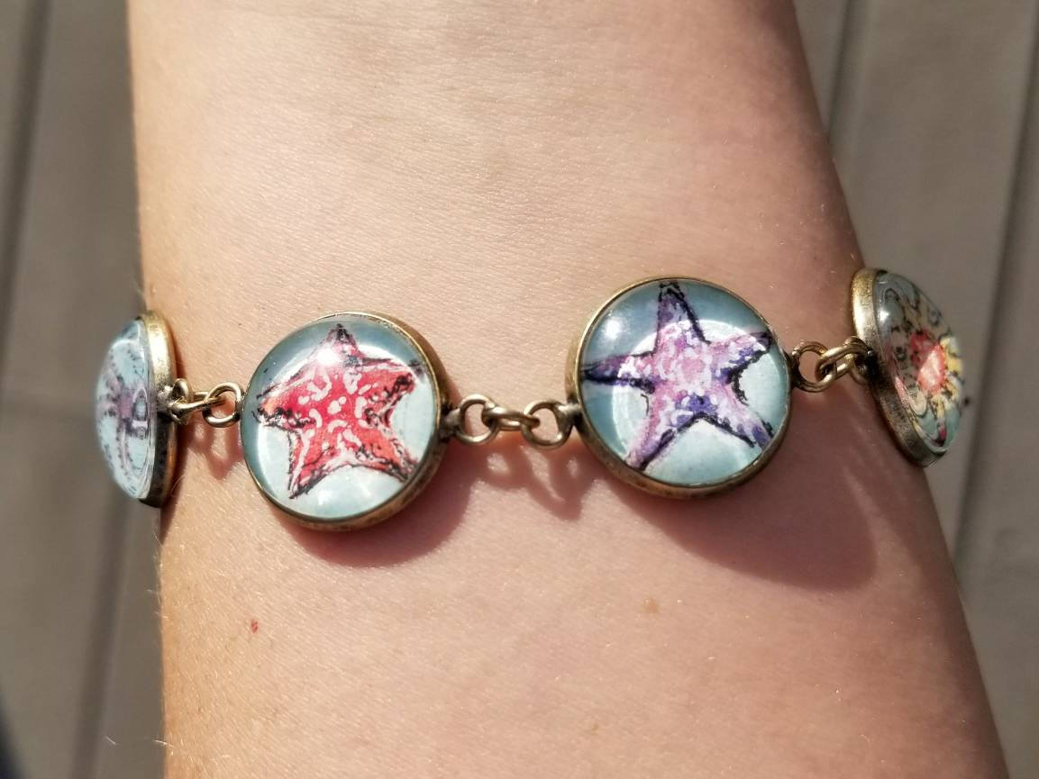 1153x865 Starfish Bracelet, Sea Star Bracelet. Hand Painted Wearable Art - Watercolor Bracelet