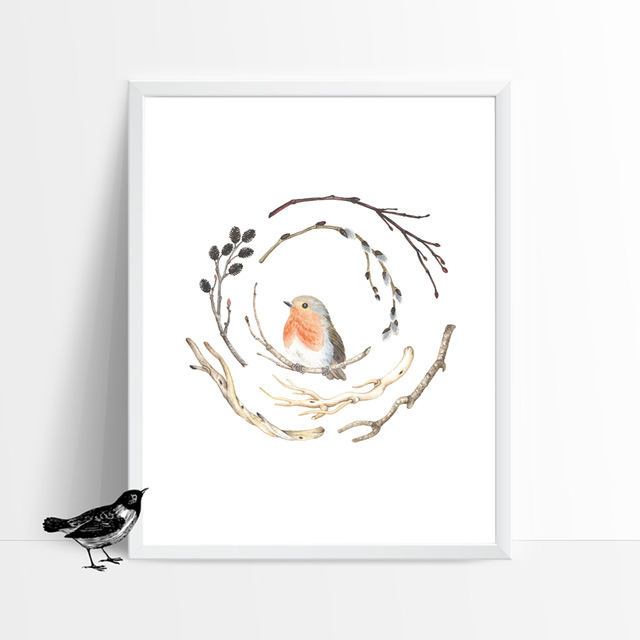 640x640 Vintage Watercolor Branches And Bird Canvas Art Print Painting - Watercolor Branches