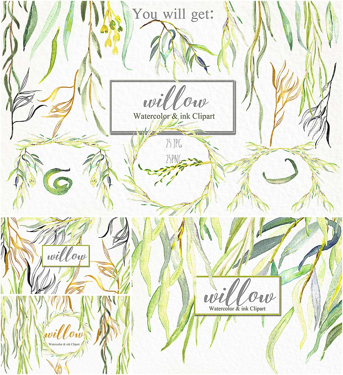 1200x1314 Watercolor Willow Branches Set Free Download - Watercolor Branches