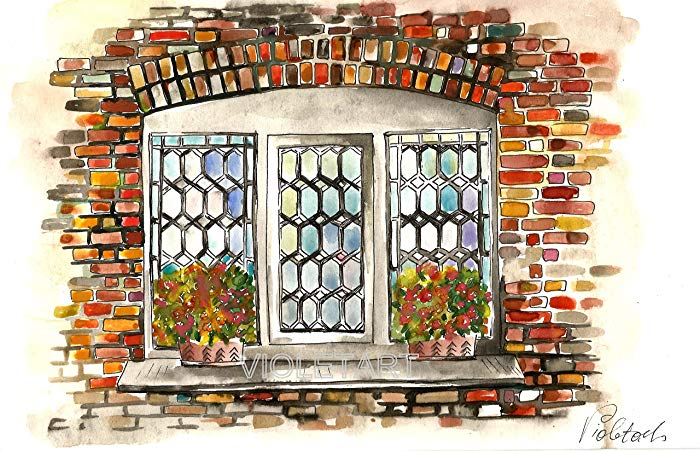 700x451 Old Window Brick Wall Painting Original Watercolor - Watercolor Brick Wall