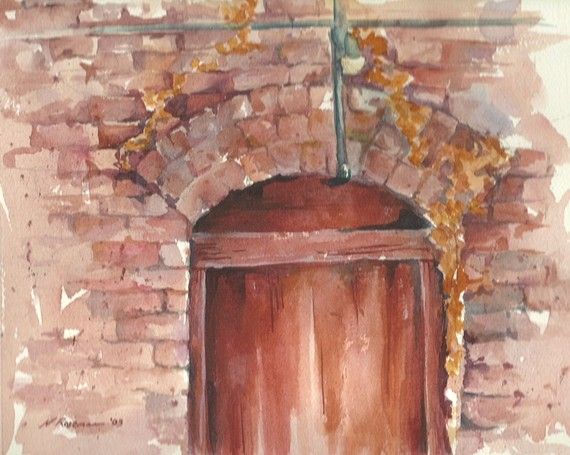 570x455 Brick Wall And Wood Door 8x10 Original Watercolor By Rosemannature - Watercolor Brick Wall