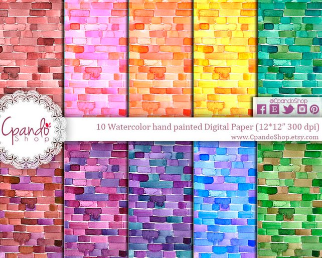 642x514 Watercolor Rectangle Watercolor Bricks Bricks Pattern Etsy - Watercolor Bricks