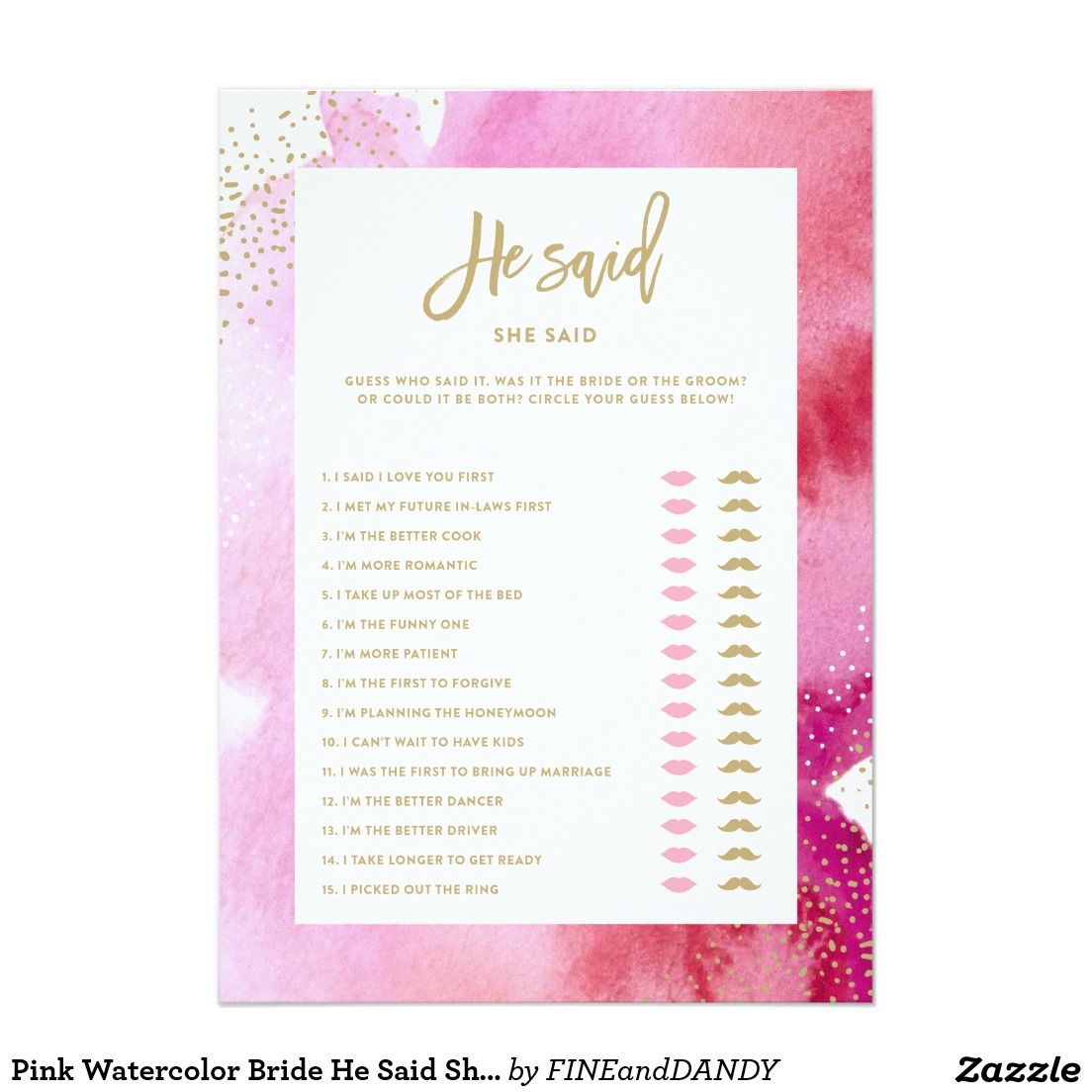 1104x1104 Pink Watercolor Bride He Said She Said Game Card Wedding Bridal - Watercolor Bride