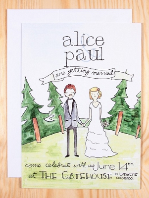 301x400 Custom Wedding Invitation With Illustration Of Bride + Groom - Watercolor Bride And Groom