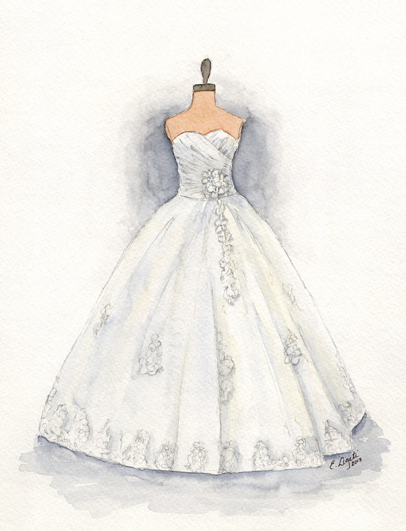 570x744 Drawn Wedding Dress Christmas Dress - Watercolor Bride And Groom