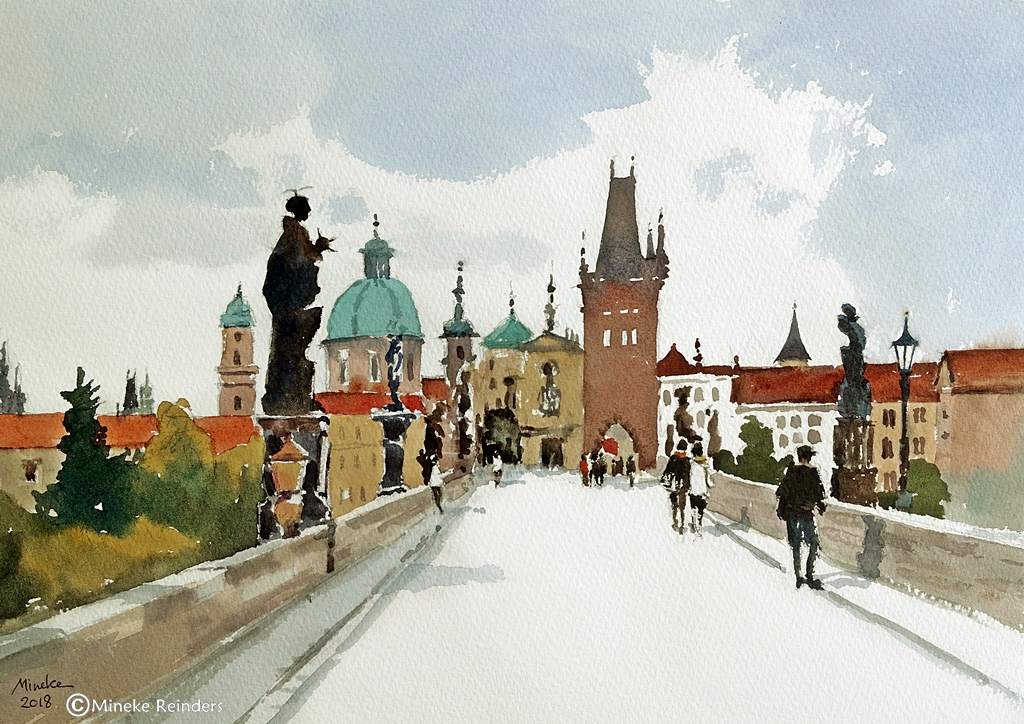 1024x724 Early Morning On The Charles Bridge Mineke Reinders Fine Art - Watercolor Bridge