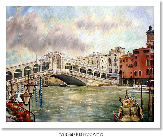 560x470 Free Art Print Of A View Of The Canal With Rialto Bridge, Boats - Watercolor Bridge