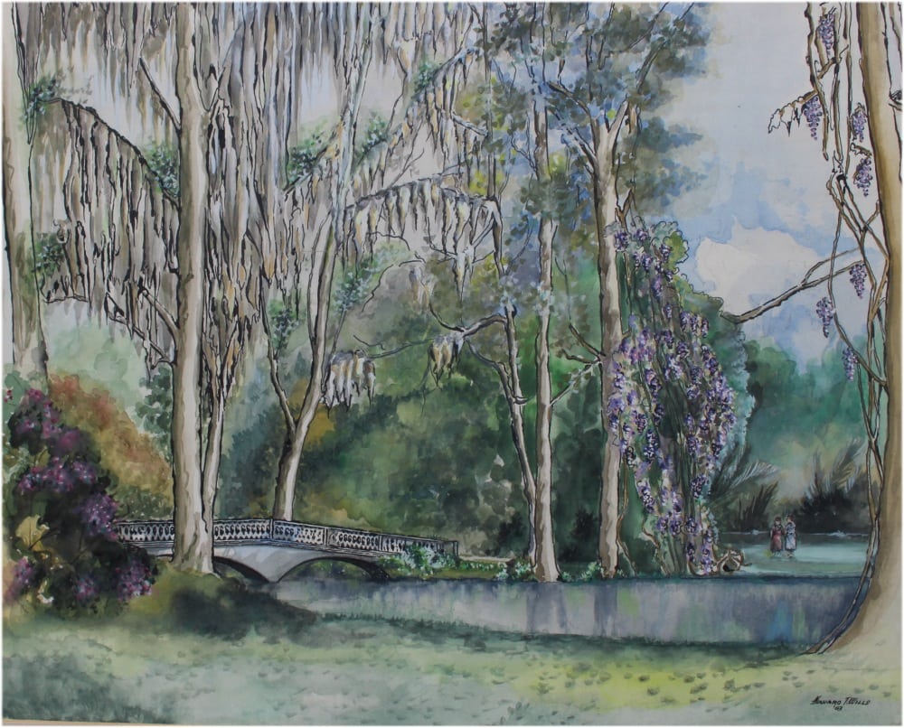 1000x806 Howard Wills Watercolor Original Painting Trees River And Bridge - Watercolor Bridge