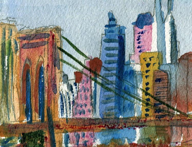 747x570 Nyc Skyline Brooklyn Bridge Watercolor Landscape Watercolor - Watercolor Bridge