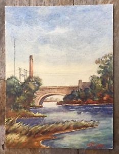 233x300 Vintage Watercolor Painting Landscape River Bridge Signed W R S - Watercolor Bridge