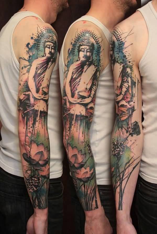 600x894 Full Sleeve Watercolor Buddha And Lotus Flower Tattoo For Men - Watercolor Buddha Tattoo
