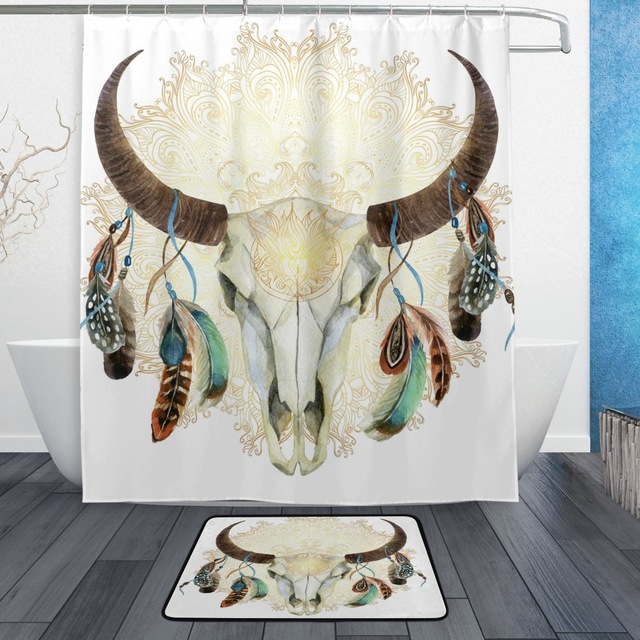 640x640 Watercolor Buffalo Animal Skull Feather Shower Curtain And Mat Set - Watercolor Buffalo