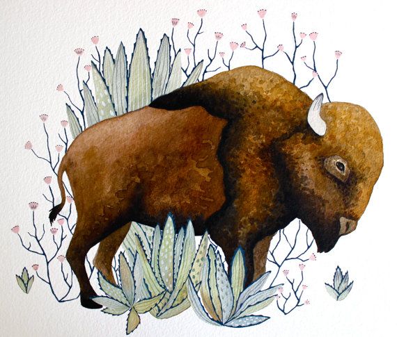 570x485 Watercolor Buffalo Painting Bison Art Giclee Print By Riverluna - Watercolor Buffalo