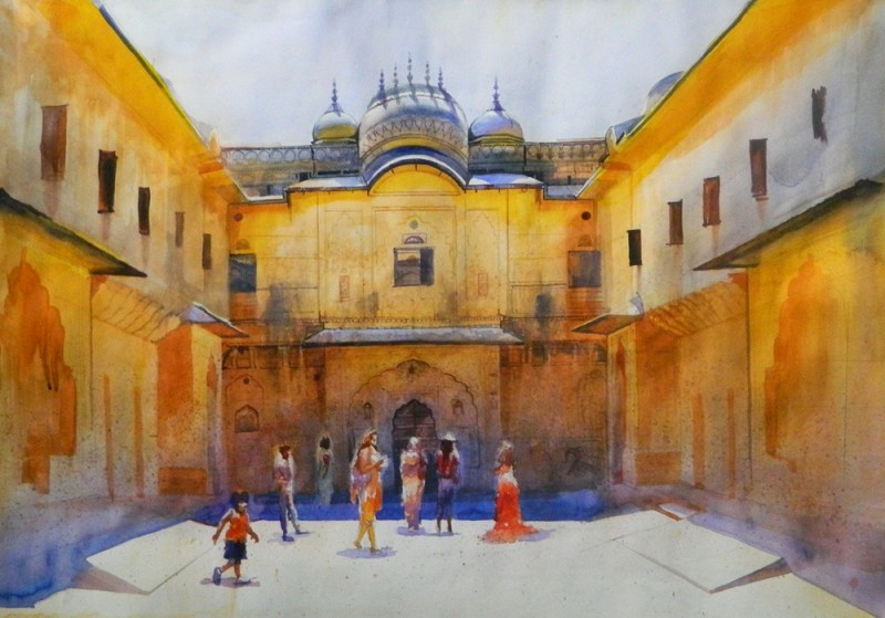 800x559 Jaipur Palace By Artist Bijay Biswaal Cityscape Art Watercolor - Watercolor Building Painting