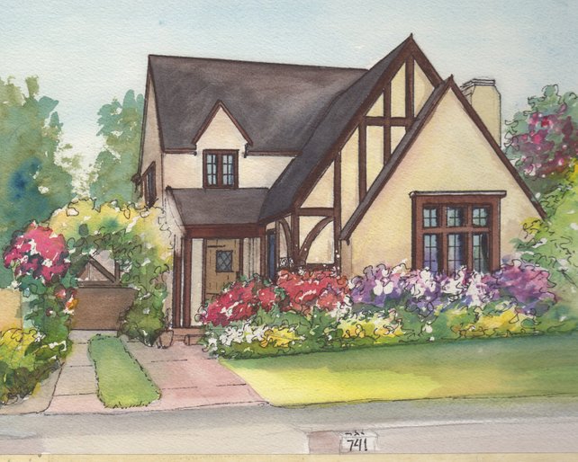 642x514 Watercolor House Drawing Painting Of Your Home With Ink Etsy - Watercolor Building Painting