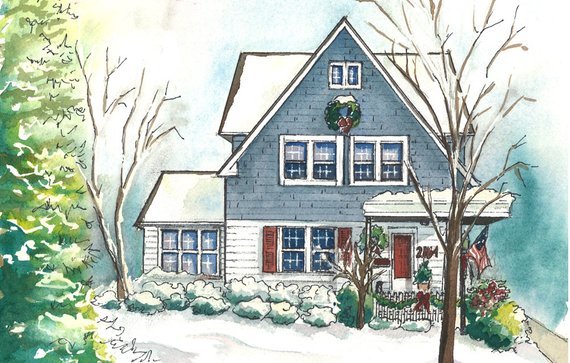 570x363 Watercolor House Portraits Custom Painting Of Your Home Etsy - Watercolor Building Painting