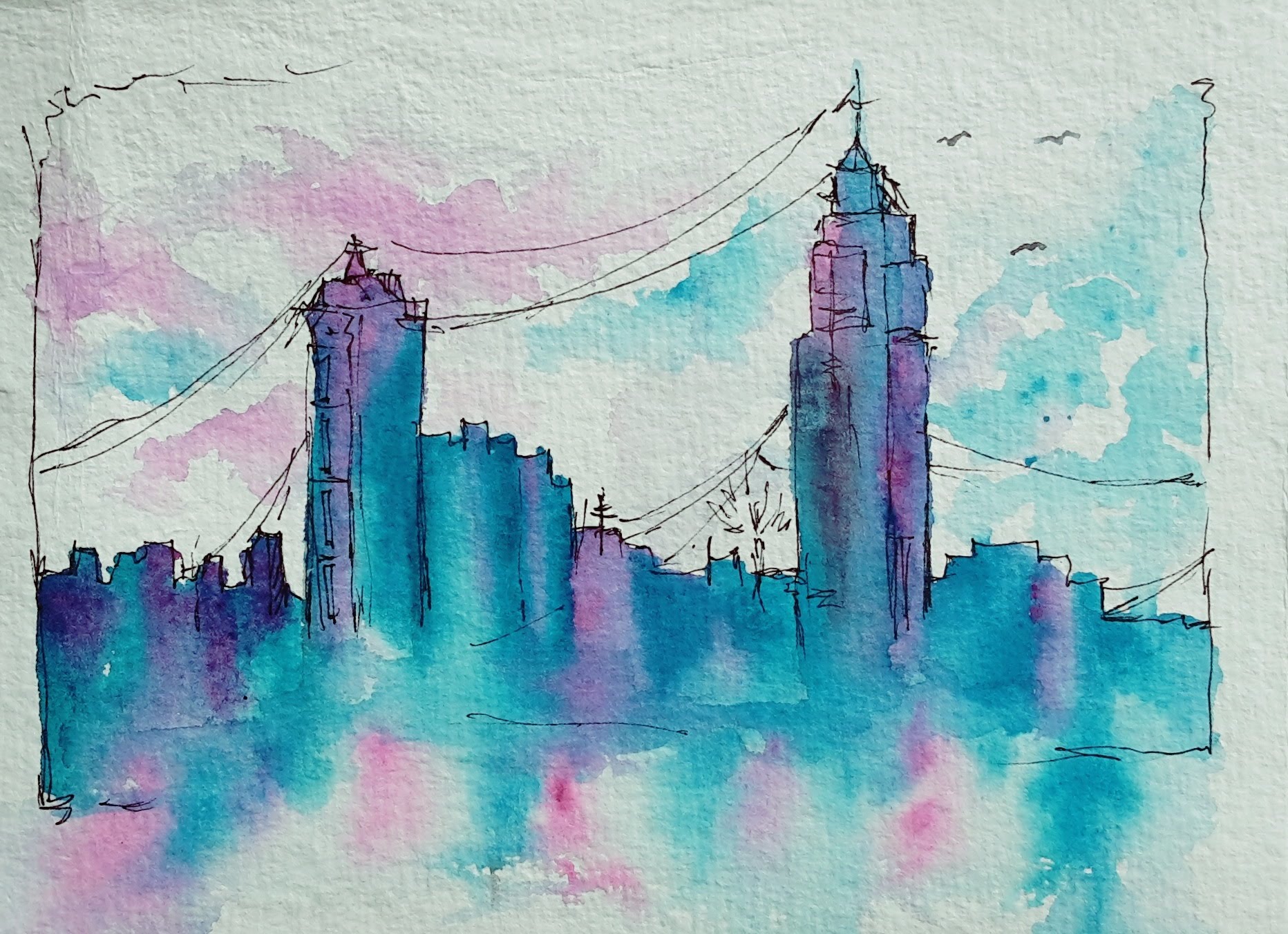 1864x1352 Pen And Watercolor Wash Buildings Landscape Painting By Saifi - Watercolor Buildings