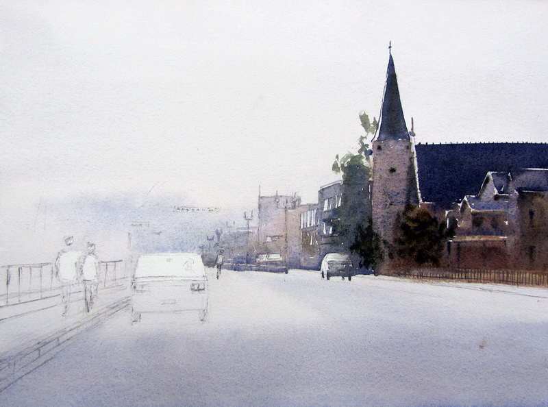 800x594 Wet Street Painting With Reflections - Watercolor Buildings