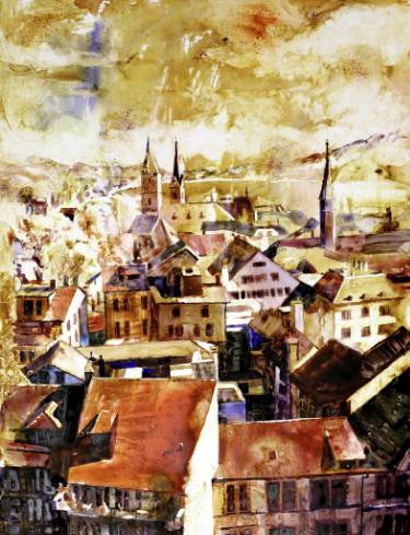 375x489 Fine Art Watercolor Painting Of Aeiral View Of Churches And - Watercolor Buildings