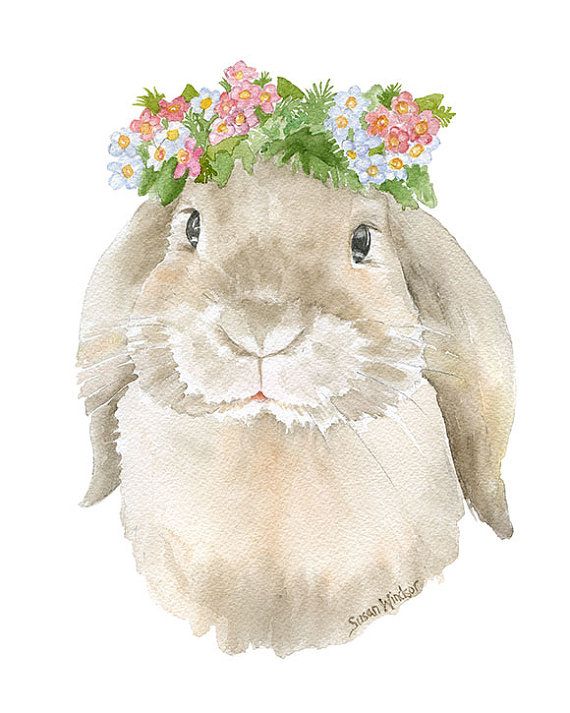 570x713 Watercolor Bunny Floral Painting Giclee Print - Watercolor Bunny