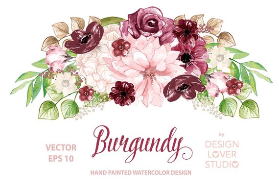 570x392 Vector Watercolor Burgundy Design Spring Watercolor Flower Etsy - Watercolor Burgundy