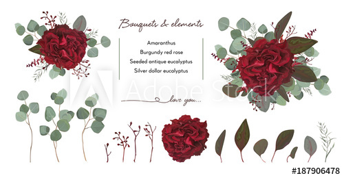 500x260 Vector Floral Bouquet Design With Garden Red Burgundy Rose Flower - Watercolor Burgundy