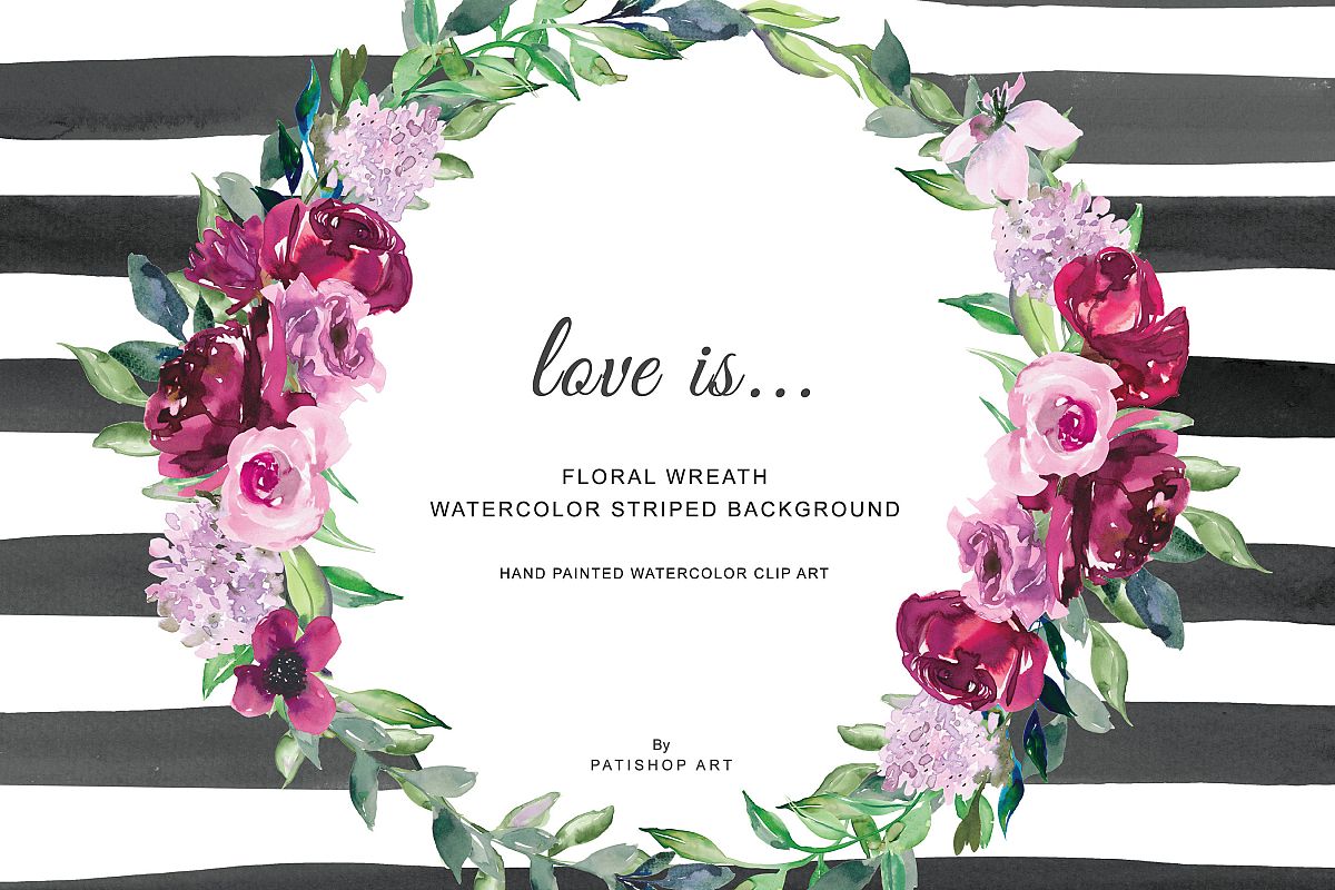1200x800 Watercolor Burgundy Pink Flowers Wreath Amp Striped Background - Watercolor Burgundy