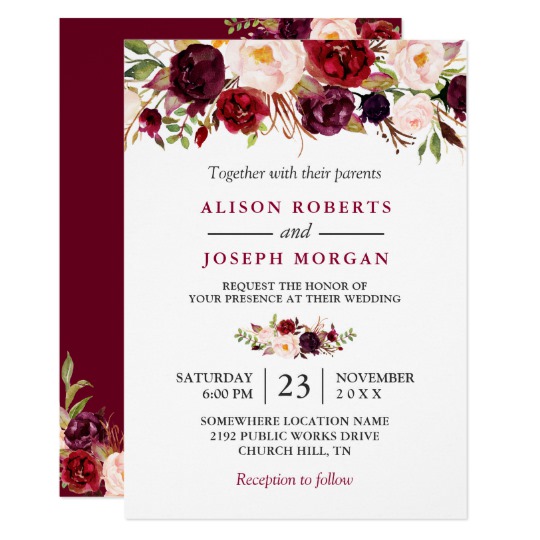 540x540 Watercolor Burgundy Red Floral Rustic Boho Wedding Invitation - Watercolor Burgundy