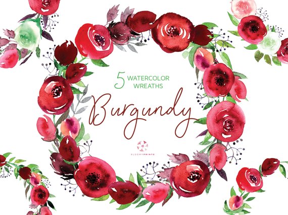 570x427 Watercolor Burgundy Wreath Clipart Watercolour Bordo Roses Etsy - Watercolor Burgundy