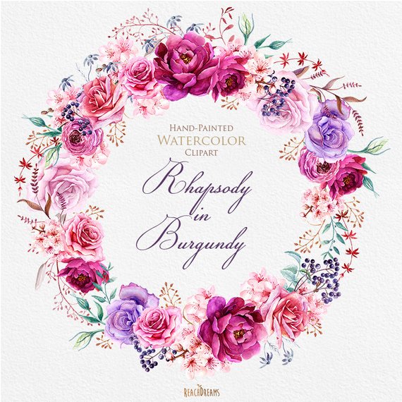 570x570 Watercolor Burgundy Wreath Amp Bouquets With Floral Elements Etsy - Watercolor Burgundy