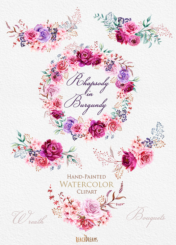 570x792 Watercolor Burgundy Wreath Amp Bouquets With Floral Elements Peonies - Watercolor Burgundy
