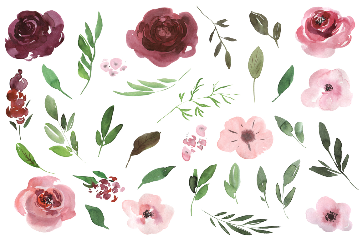 1160x772 Watercolor Pink Amp Burgundy Flowers Clipart By Watercolorflowers - Watercolor Burgundy