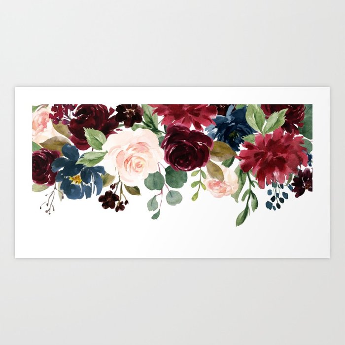 700x700 Burgundy Blue Watercolor Flowers Border Art Print By Junkydotcom - Watercolor Burgundy