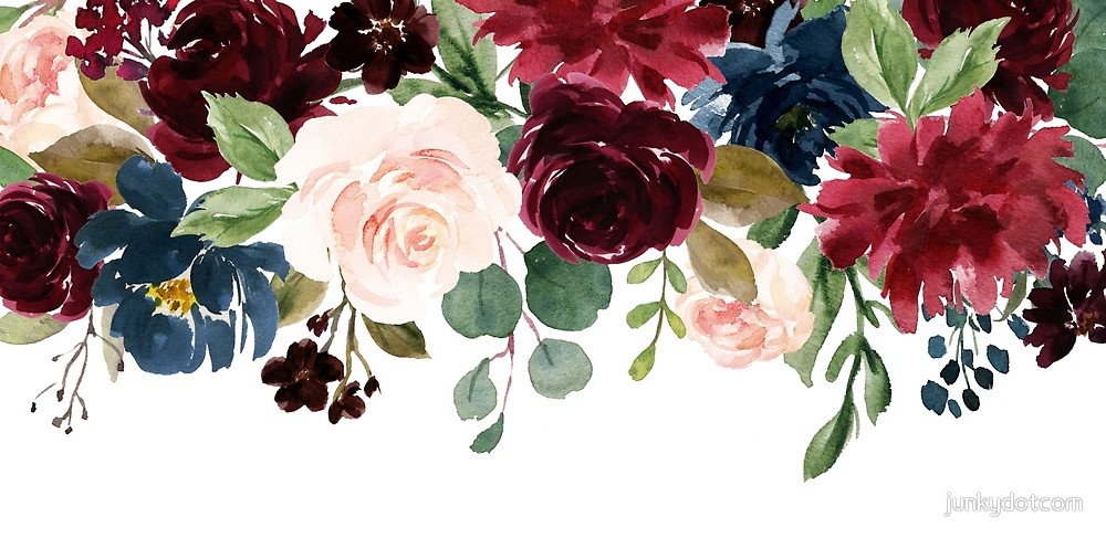 1000x487 Burgundy Blue Watercolor Flowers Border By Junkydotcom Redbubble - Watercolor Burgundy